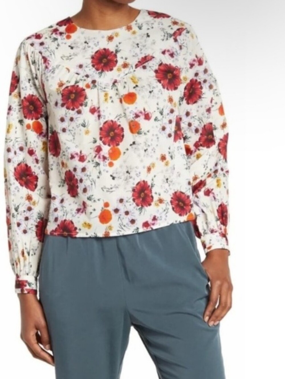Marine Layer Ruffle Yoke Long Sleeve in Wildflower Poppy Print Multi Red White S
